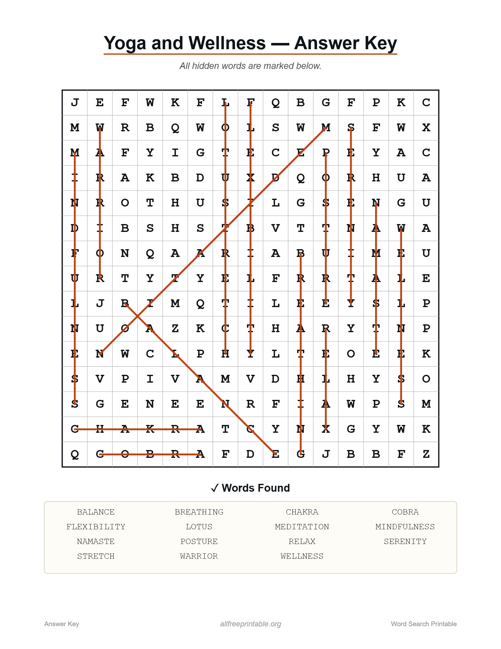 Yoga Wellness Printable - answer key